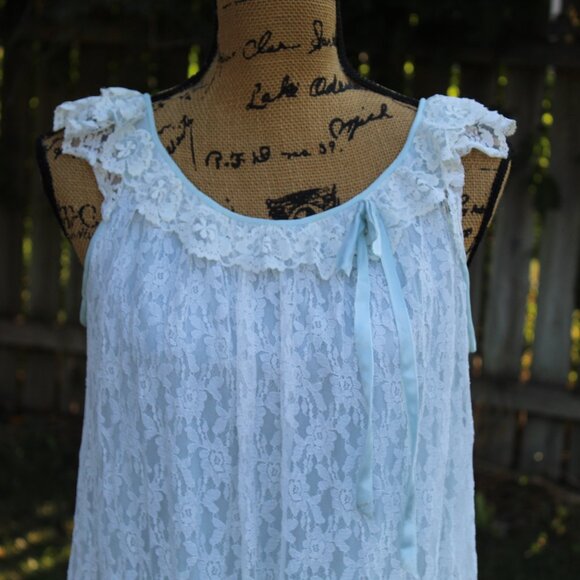 Vtg 50s Miss Siren Blue Nylon Ivory Lace Sleeveless Peignoir Nightgown Women's S - Picture 2 of 7